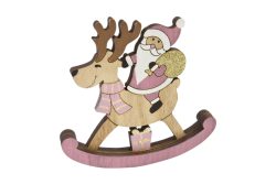 Père noël bois cheval bascule - Rose